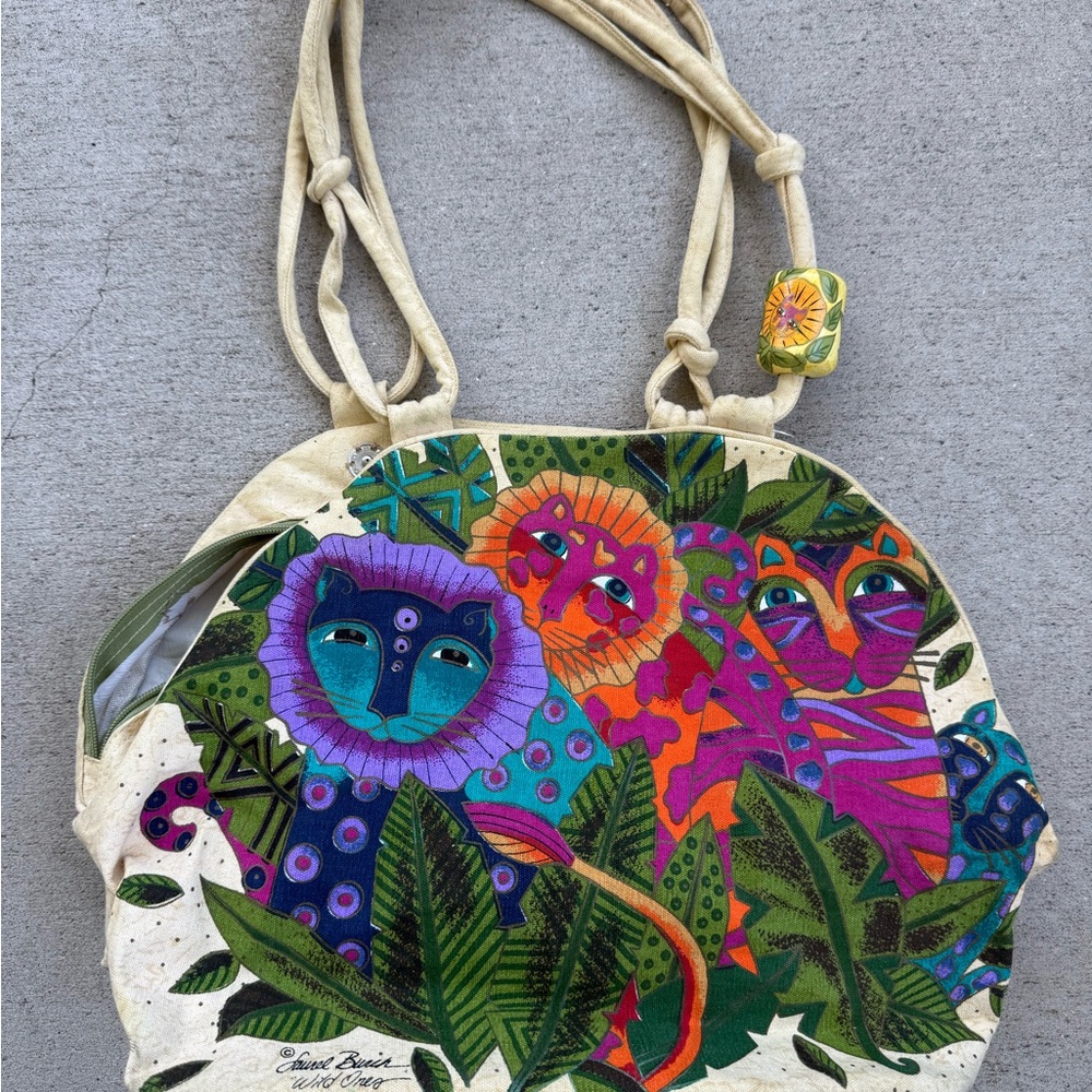 Laurel Burch Cream and Purple Artistic Tote Bag